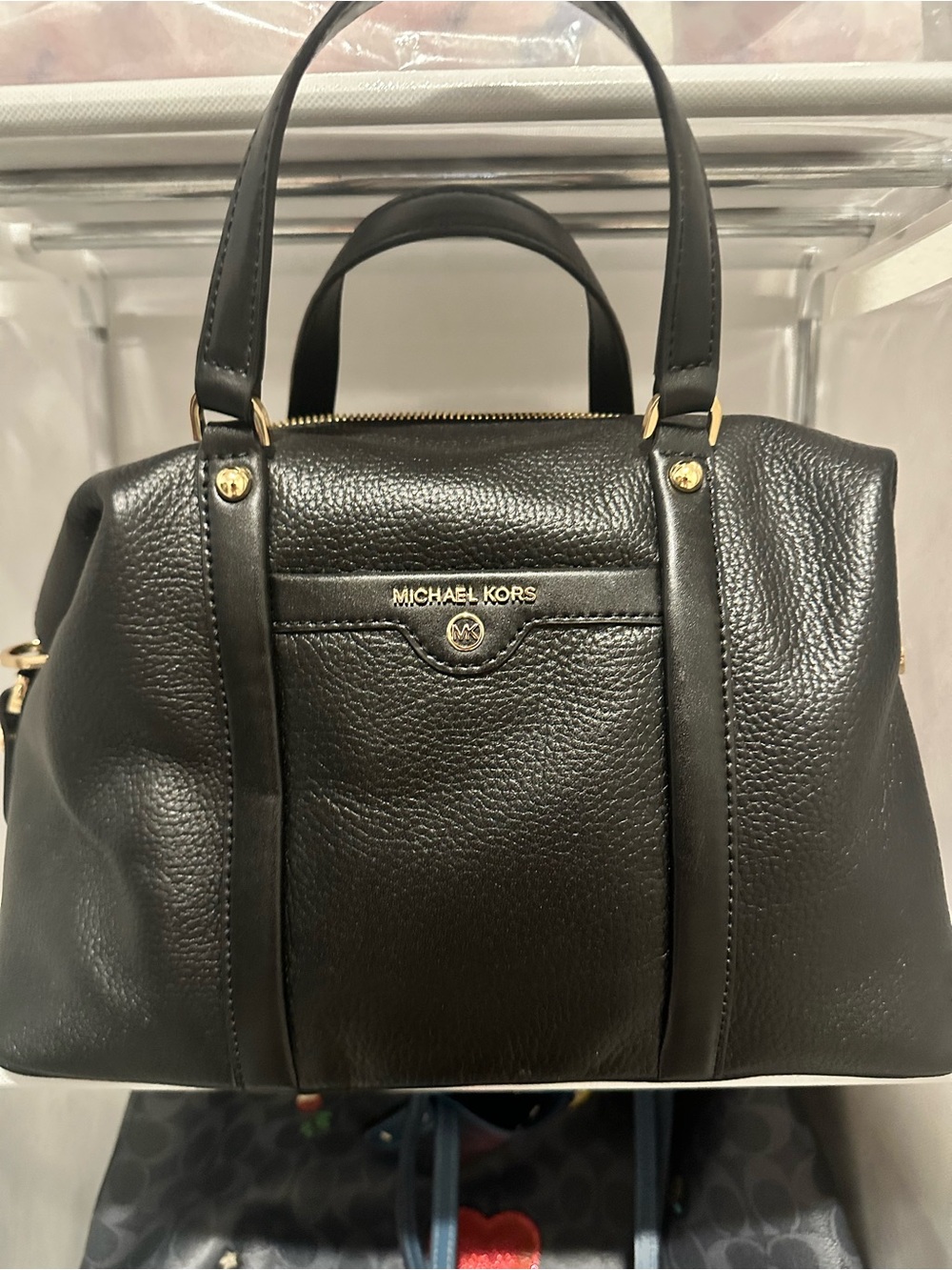 Michael Kors Black Pebbled Leather Satchel with Gold Hardware